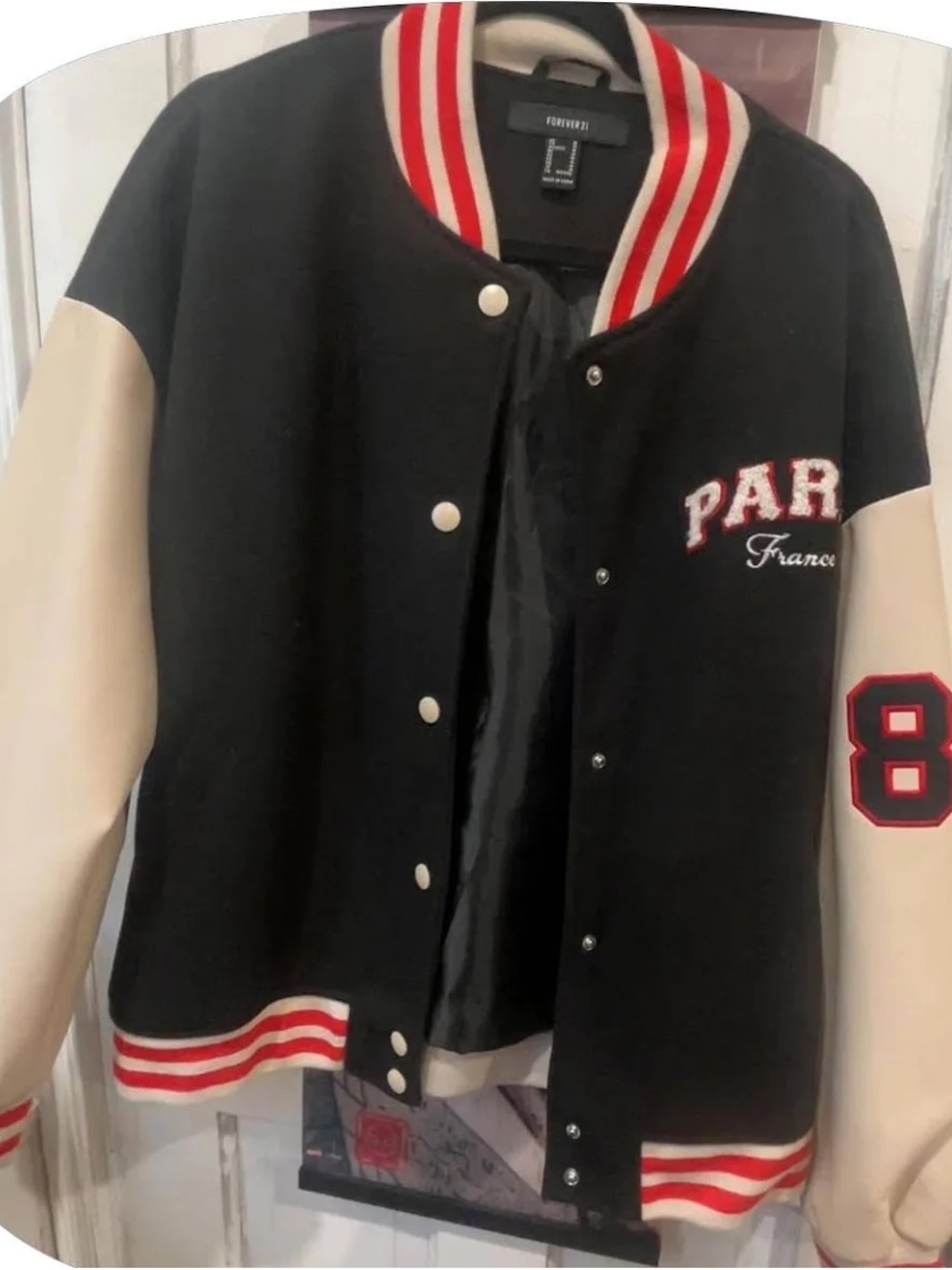 Forever 21 Black and Cream Varsity Jacket with Red Accents